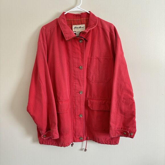 VTG Eddie Bauer Canvas Jacket Full Zip Button Up Red Collard - Womens Size Large - Picture 1 of 10